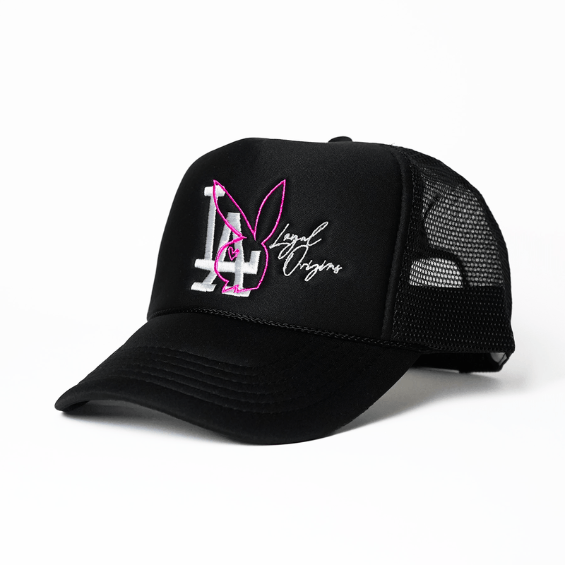 LA Bunny Signature Trucker in Black Headwear Loyal Origins One Size Pink Bunny 